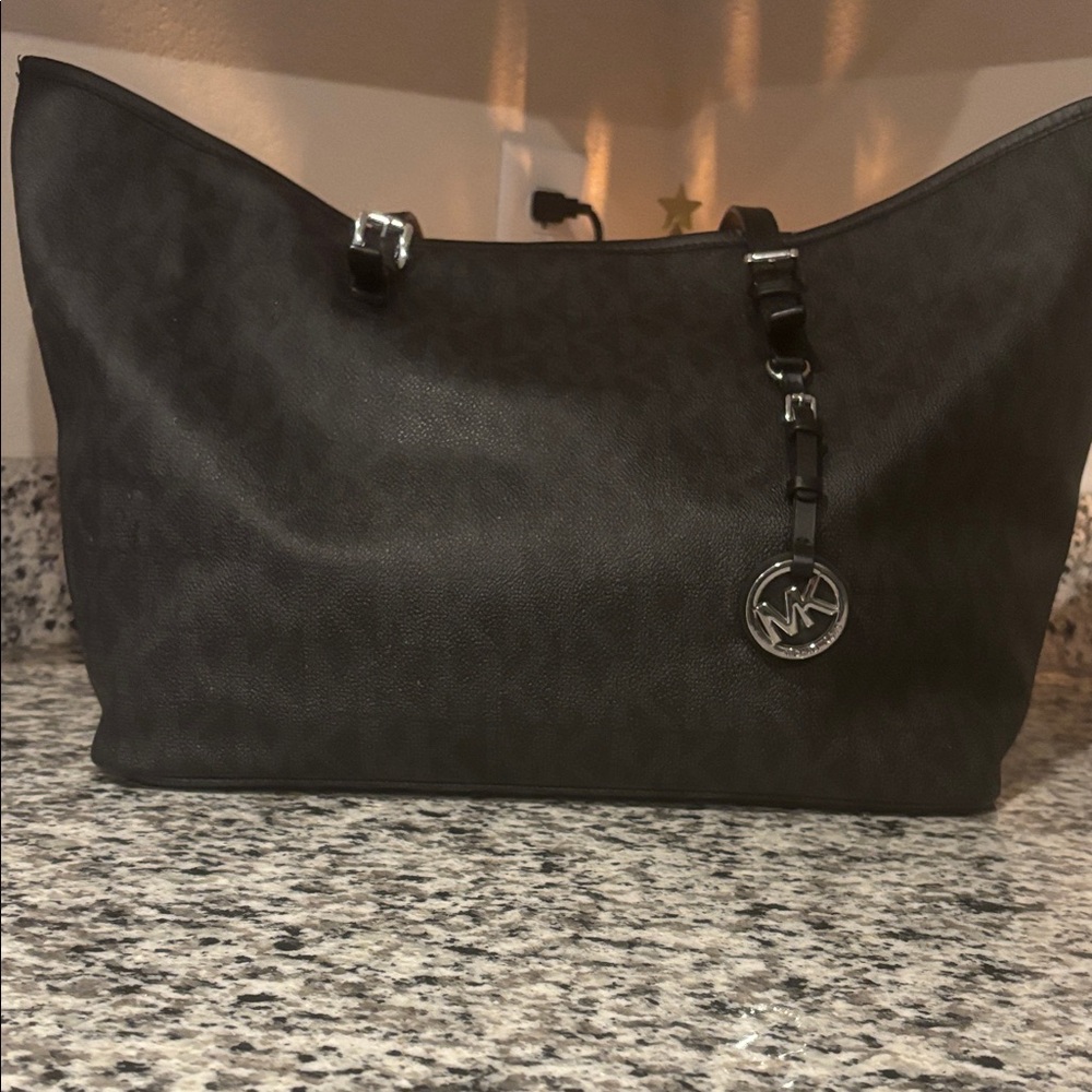 Michael Kors Black Monogram Tote with Silver MK Charm